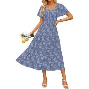 imageZESICA Womens Summer Boho Floral Midi Dresses 2025 Casual Short Sleeve Square Neck Flowy Beach Vacation Long DressDustyblue