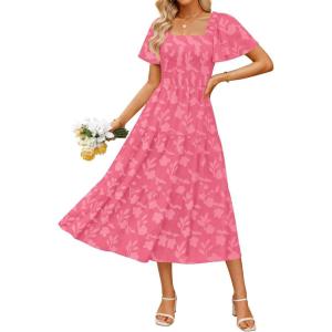 imageZESICA Womens Summer Boho Floral Midi Dresses 2025 Casual Short Sleeve Square Neck Flowy Beach Vacation Long DressHotpink
