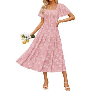 imageZESICA Womens Summer Boho Floral Midi Dresses 2025 Casual Short Sleeve Square Neck Flowy Beach Vacation Long DressPink