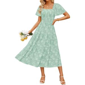 imageZESICA Womens Summer Boho Floral Midi Dresses 2025 Casual Short Sleeve Square Neck Flowy Beach Vacation Long DressSage