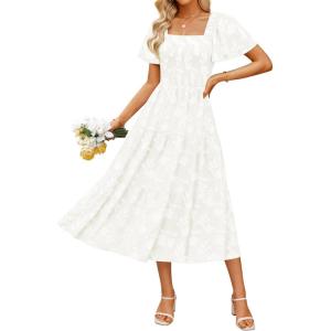imageZESICA Womens Summer Boho Floral Midi Dresses 2025 Casual Short Sleeve Square Neck Flowy Beach Vacation Long DressWhite