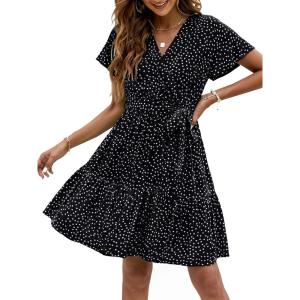 imageZESICA Womens Summer Wrap V Neck Bohemian Floral Print Ruffle Swing A Line Beach Mini DressBlack