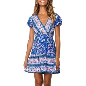 imageZESICA Womens Summer Wrap V Neck Bohemian Floral Print Ruffle Swing A Line Beach Mini DressBlue