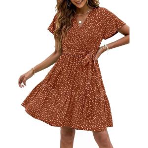 imageZESICA Womens Summer Wrap V Neck Bohemian Floral Print Ruffle Swing A Line Beach Mini DressBrown