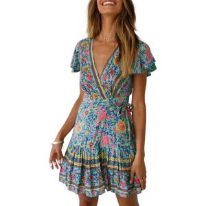 imageZESICA Womens Summer Wrap V Neck Bohemian Floral Print Ruffle Swing A Line Beach Mini DressGreen