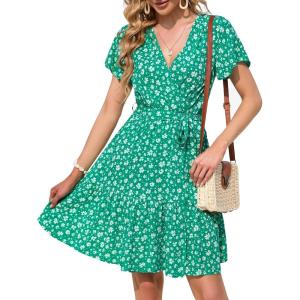 imageZESICA Womens Summer Wrap V Neck Bohemian Floral Print Ruffle Swing A Line Beach Mini DressLakegreen