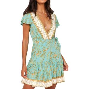 imageZESICA Womens Summer Wrap V Neck Bohemian Floral Print Ruffle Swing A Line Beach Mini DressMint