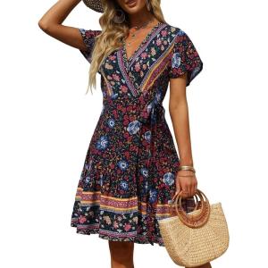 imageZESICA Womens Summer Wrap V Neck Bohemian Floral Print Ruffle Swing A Line Beach Mini DressOceanablue