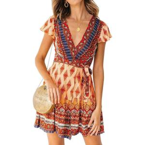 imageZESICA Womens Summer Wrap V Neck Bohemian Floral Print Ruffle Swing A Line Beach Mini DressOrange