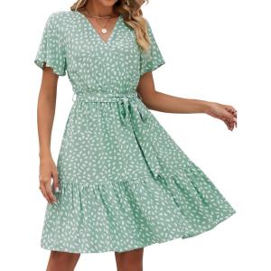 imageZESICA Womens Summer Wrap V Neck Bohemian Floral Print Ruffle Swing A Line Beach Mini DressSage