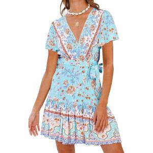 imageZESICA Womens Summer Wrap V Neck Bohemian Floral Print Ruffle Swing A Line Beach Mini DressSkyblue