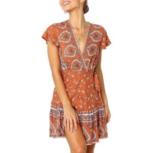 imageZESICA Womens Summer Wrap V Neck Bohemian Floral Print Ruffle Swing A Line Beach Mini DressTangerine