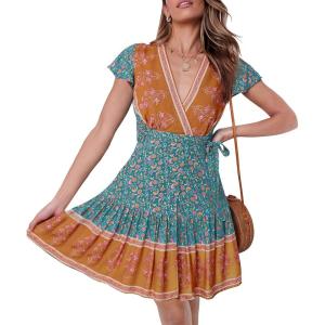 imageZESICA Womens Summer Wrap V Neck Bohemian Floral Print Ruffle Swing A Line Beach Mini DressVintagegreen
