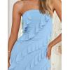 imageZESICA Womens 2025 Strapless Bodycon Dress Sexy Off Shoulder Mesh Tassel Ruffle Side Split Tube Party Maxi DressesBlue