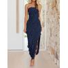 imageZESICA Womens 2025 Strapless Bodycon Dress Sexy Off Shoulder Mesh Tassel Ruffle Side Split Tube Party Maxi DressesNavy