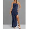 imageZESICA Womens 2025 Strapless Bodycon Dress Sexy Off Shoulder Mesh Tassel Ruffle Side Split Tube Party Maxi DressesNavy