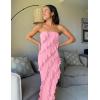 imageZESICA Womens 2025 Strapless Bodycon Dress Sexy Off Shoulder Mesh Tassel Ruffle Side Split Tube Party Maxi DressesPink