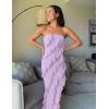 imageZESICA Womens 2025 Strapless Bodycon Dress Sexy Off Shoulder Mesh Tassel Ruffle Side Split Tube Party Maxi DressesPurple