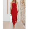 imageZESICA Womens 2025 Strapless Bodycon Dress Sexy Off Shoulder Mesh Tassel Ruffle Side Split Tube Party Maxi DressesRed