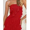 imageZESICA Womens 2025 Strapless Bodycon Dress Sexy Off Shoulder Mesh Tassel Ruffle Side Split Tube Party Maxi DressesRed