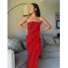 imageZESICA Womens 2025 Strapless Bodycon Dress Sexy Off Shoulder Mesh Tassel Ruffle Side Split Tube Party Maxi DressesRed