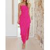 imageZESICA Womens 2025 Strapless Bodycon Dress Sexy Off Shoulder Mesh Tassel Ruffle Side Split Tube Party Maxi DressesRose