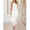 imageZESICA Womens 2025 Strapless Bodycon Dress Sexy Off Shoulder Mesh Tassel Ruffle Side Split Tube Party Maxi DressesWhite