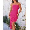 imageZESICA Womens 2025 Summer Strapless Bodycon Tube Dress Sexy Off Shoulder Mesh Irregular Ruffle Backless Party Midi DressesRose