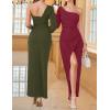 imageZESICA Womens One Shoulder Long Sleeve Cocktail Dress Sexy High Slit Ruched Bodycon Wedding Guest Maxi DressesArmygreen