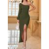 imageZESICA Womens One Shoulder Long Sleeve Cocktail Dress Sexy High Slit Ruched Bodycon Wedding Guest Maxi DressesArmygreen