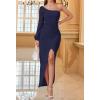 imageZESICA Womens One Shoulder Long Sleeve Cocktail Dress Sexy High Slit Ruched Bodycon Wedding Guest Maxi DressesNavy