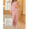 imageZESICA Womens One Shoulder Long Sleeve Cocktail Dress Sexy High Slit Ruched Bodycon Wedding Guest Maxi DressesPink