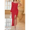 imageZESICA Womens One Shoulder Long Sleeve Cocktail Dress Sexy High Slit Ruched Bodycon Wedding Guest Maxi DressesRed