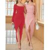 imageZESICA Womens One Shoulder Long Sleeve Cocktail Dress Sexy High Slit Ruched Bodycon Wedding Guest Maxi DressesRed