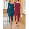 imageZESICA Womens One Shoulder Long Sleeve Cocktail Dress Sexy High Slit Ruched Bodycon Wedding Guest Maxi DressesTeal