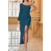 imageZESICA Womens One Shoulder Long Sleeve Cocktail Dress Sexy High Slit Ruched Bodycon Wedding Guest Maxi DressesTeal