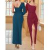 imageZESICA Womens One Shoulder Long Sleeve Cocktail Dress Sexy High Slit Ruched Bodycon Wedding Guest Maxi DressesTeal