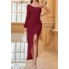 imageZESICA Womens One Shoulder Long Sleeve Cocktail Dress Sexy High Slit Ruched Bodycon Wedding Guest Maxi DressesWine