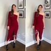 imageZESICA Womens One Shoulder Long Sleeve Cocktail Dress Sexy High Slit Ruched Bodycon Wedding Guest Maxi DressesWine