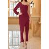 imageZESICA Womens One Shoulder Long Sleeve Cocktail Dress Sexy High Slit Ruched Bodycon Wedding Guest Maxi DressesWine