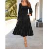 imageZESICA Womens Velvet Long Sleeve Dresses 2025 Spring Square Neck Smocked Ruffle A Line Flowy Midi Dress with PocketsBlack