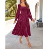 imageZESICA Womens Velvet Long Sleeve Dresses 2025 Spring Square Neck Smocked Ruffle A Line Flowy Midi Dress with PocketsBurgundy
