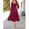 imageZESICA Womens Velvet Long Sleeve Dresses 2025 Spring Square Neck Smocked Ruffle A Line Flowy Midi Dress with PocketsBurgundy