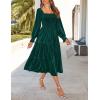 imageZESICA Womens Velvet Long Sleeve Dresses 2025 Spring Square Neck Smocked Ruffle A Line Flowy Midi Dress with PocketsDark Green