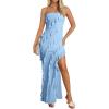 imageZESICA Womens 2025 Strapless Bodycon Dress Sexy Off Shoulder Mesh Tassel Ruffle Side Split Tube Party Maxi DressesBlue