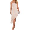 imageZESICA Womens 2025 Summer Strapless Bodycon Tube Dress Sexy Off Shoulder Mesh Irregular Ruffle Backless Party Midi DressesApricot