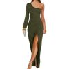 imageZESICA Womens One Shoulder Long Sleeve Cocktail Dress Sexy High Slit Ruched Bodycon Wedding Guest Maxi DressesArmygreen