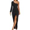 imageZESICA Womens One Shoulder Long Sleeve Cocktail Dress Sexy High Slit Ruched Bodycon Wedding Guest Maxi DressesBlack
