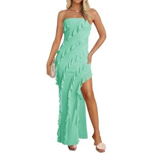 imageZESICA Womens 2025 Strapless Bodycon Dress Sexy Off Shoulder Mesh Tassel Ruffle Side Split Tube Party Maxi DressesMint