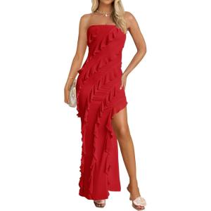 imageZESICA Womens 2025 Strapless Bodycon Dress Sexy Off Shoulder Mesh Tassel Ruffle Side Split Tube Party Maxi DressesRed